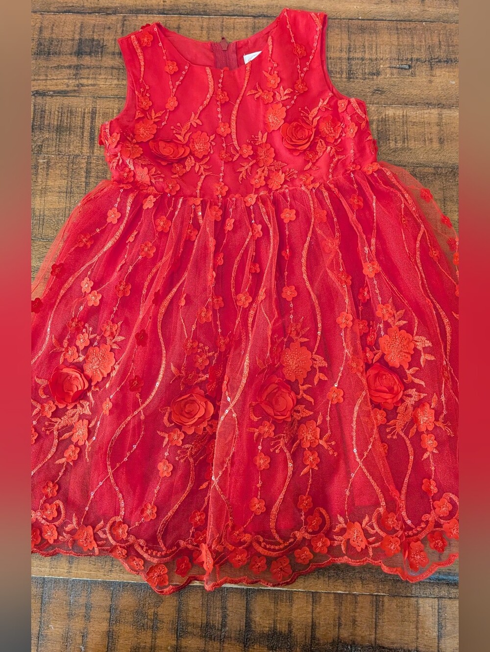 Popatu Red Lace Floral Embroidered Party Dress for Girls 3T